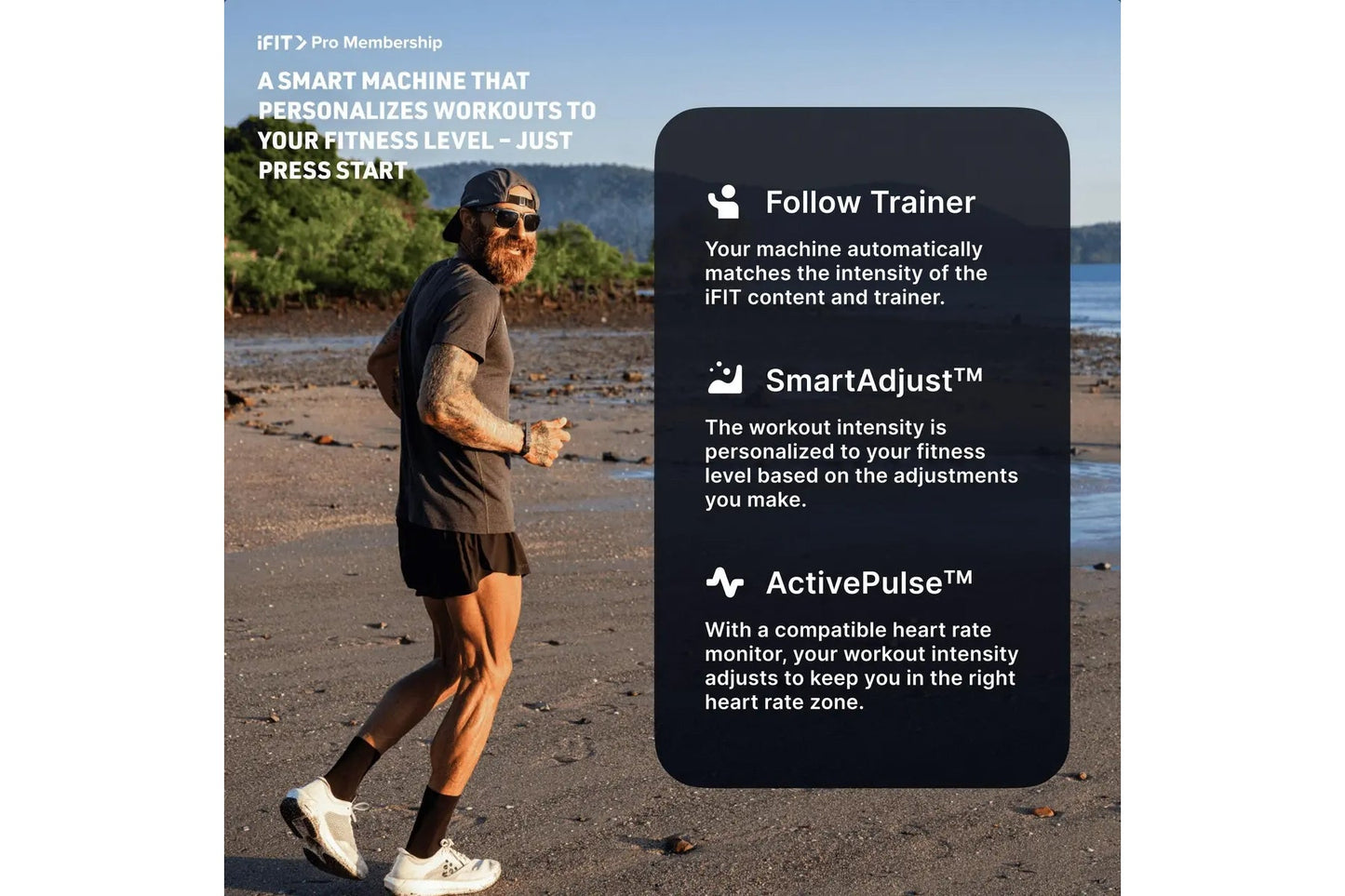 Man jogging on sandy beach wearing black shirt and shorts, with iFIT Pro Membership feature overlay showing Follow Trainer, S