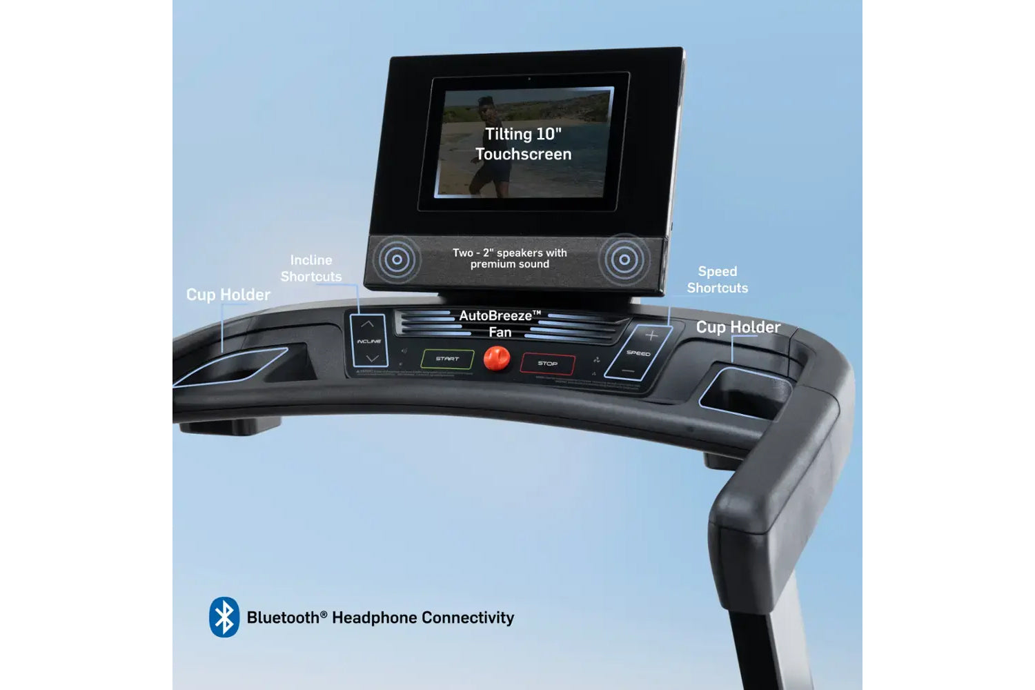 NordicTrack T-Series treadmill with tilting 10-inch touchscreen display, black console with dual 2-inch speakers, AutoBreeze 
