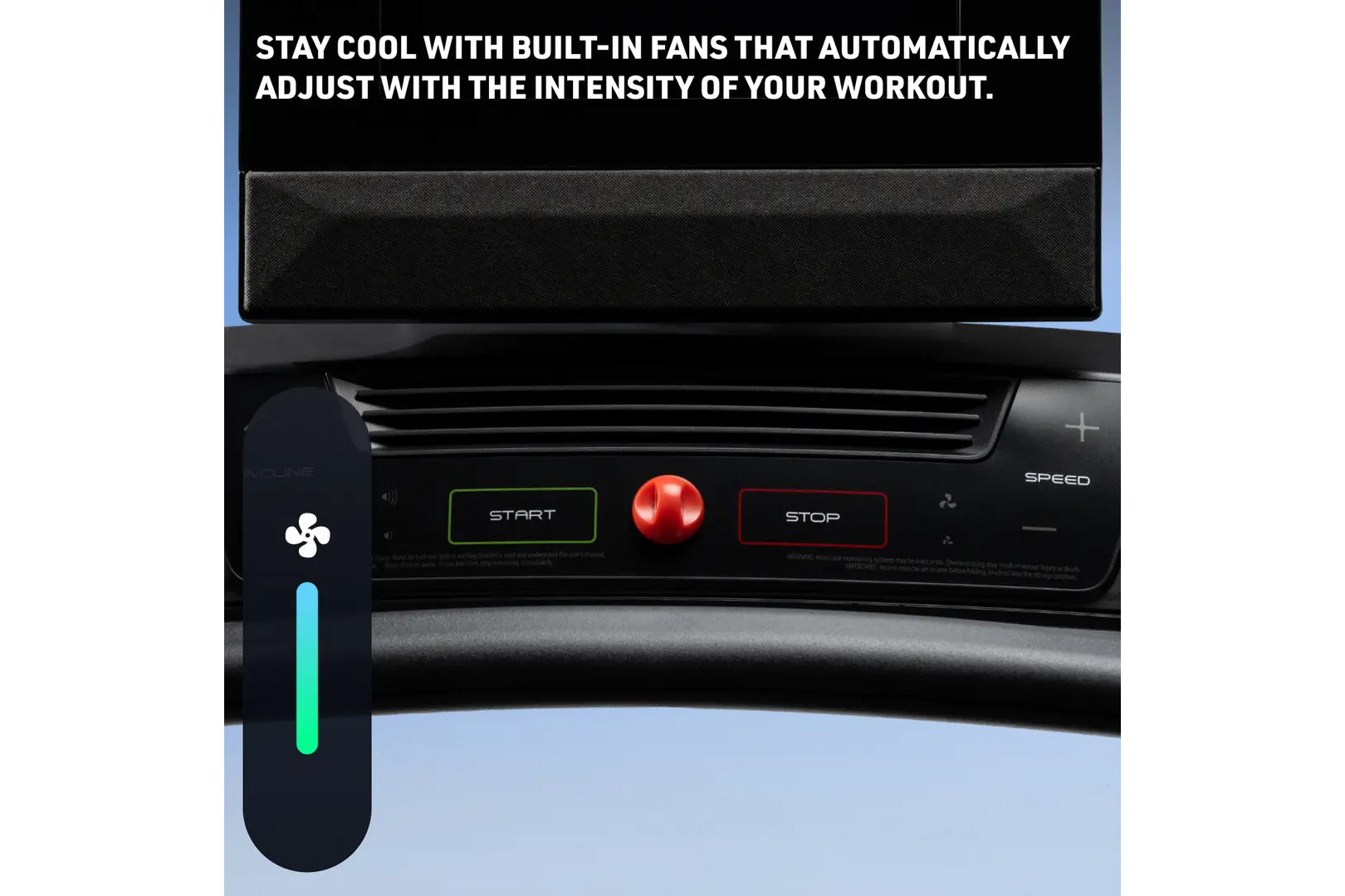 Black treadmill with digital display, control panel featuring green Start button, red emergency stop button, and speed contro