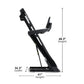 Black NordicTrack T-Series 10 treadmill with incline, padded footrest and digital display on white background with dimensions