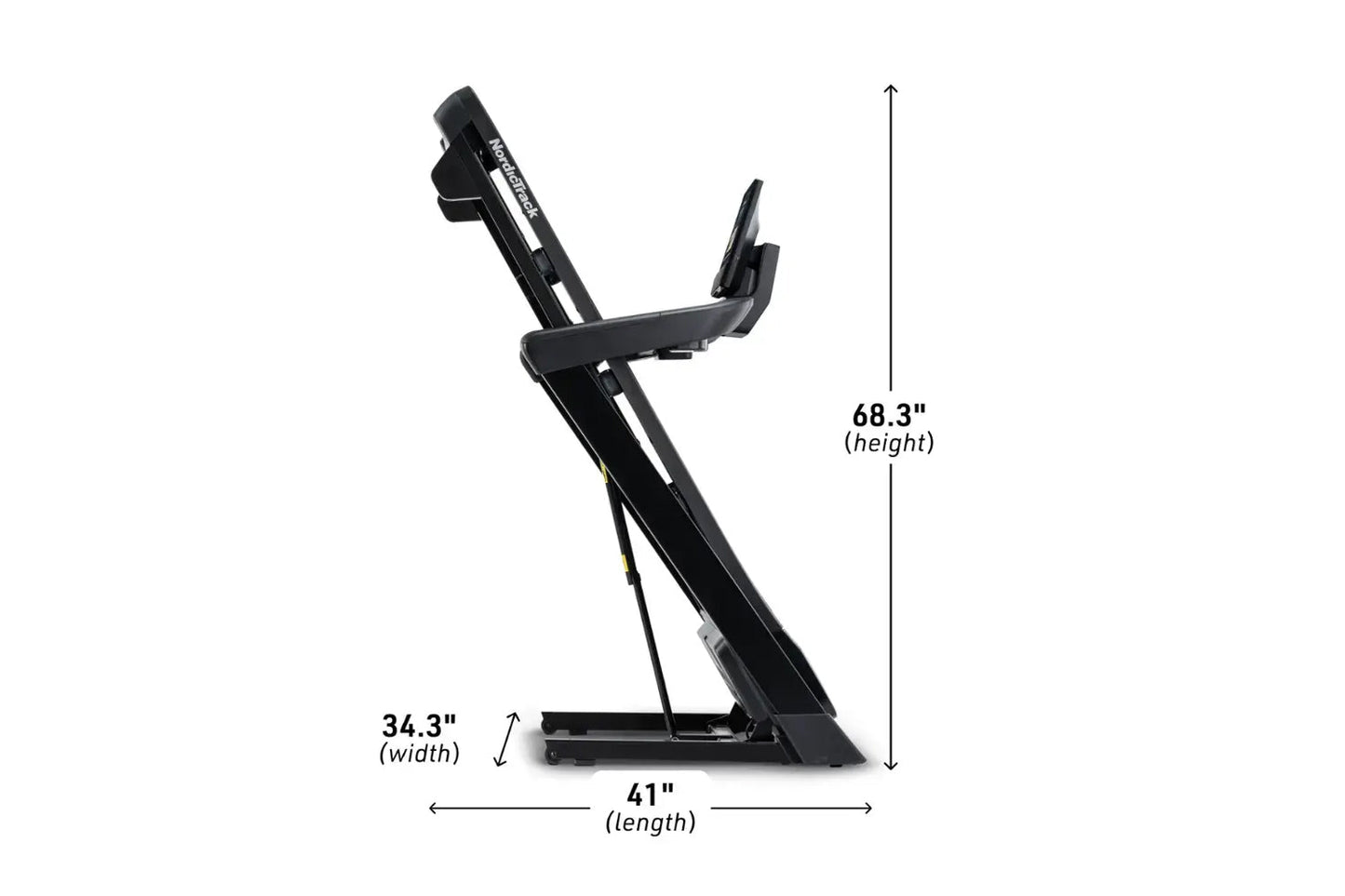 Black NordicTrack T-Series 10 treadmill with incline, padded footrest and digital display on white background with dimensions