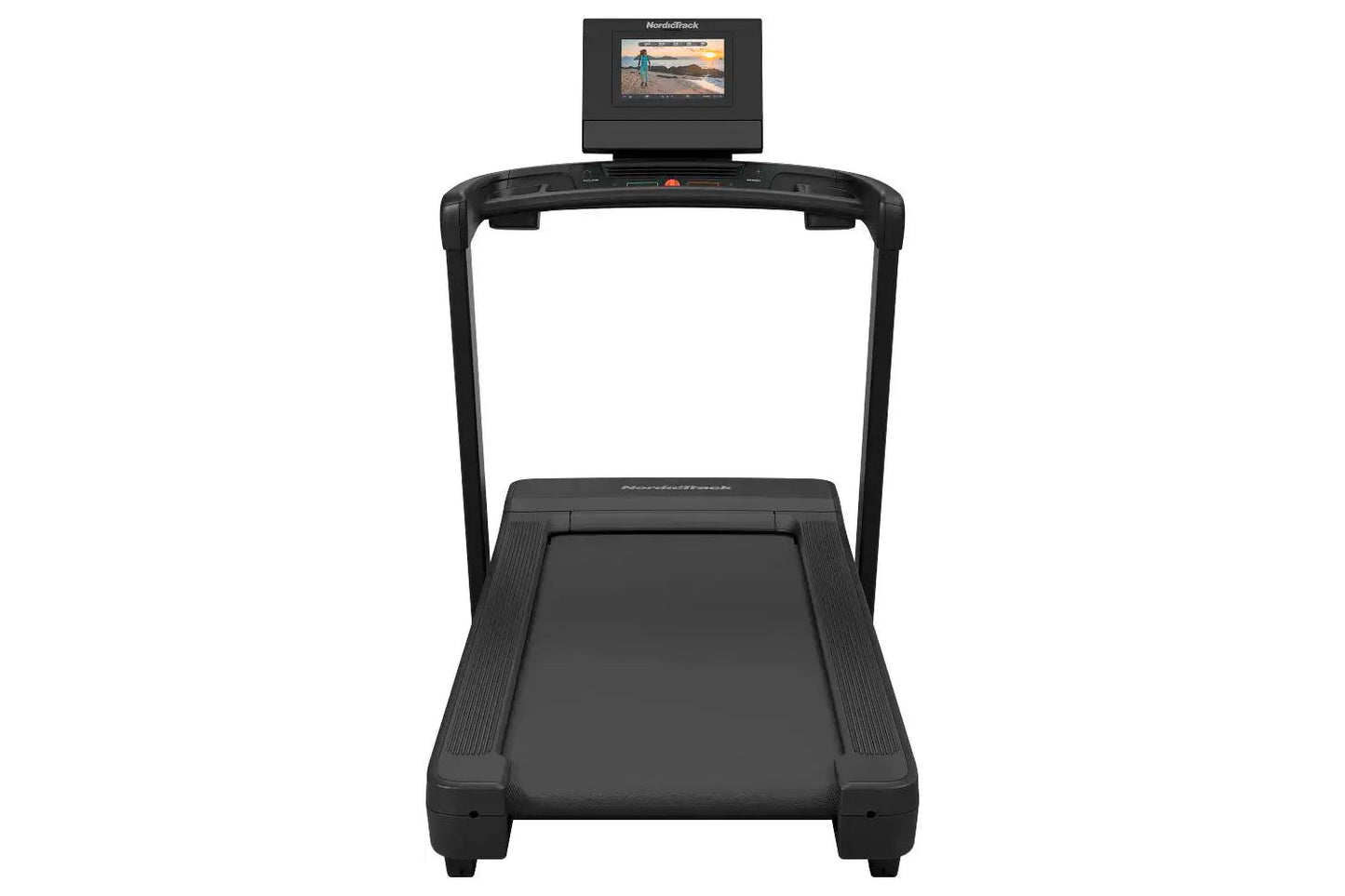 Black NordicTrack T-Series 10 treadmill with digital display console showing workout scene, displayed on white background