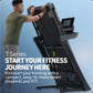 Man in olive green t-shirt using black NordicTrack T Series treadmill with digital display against blue background