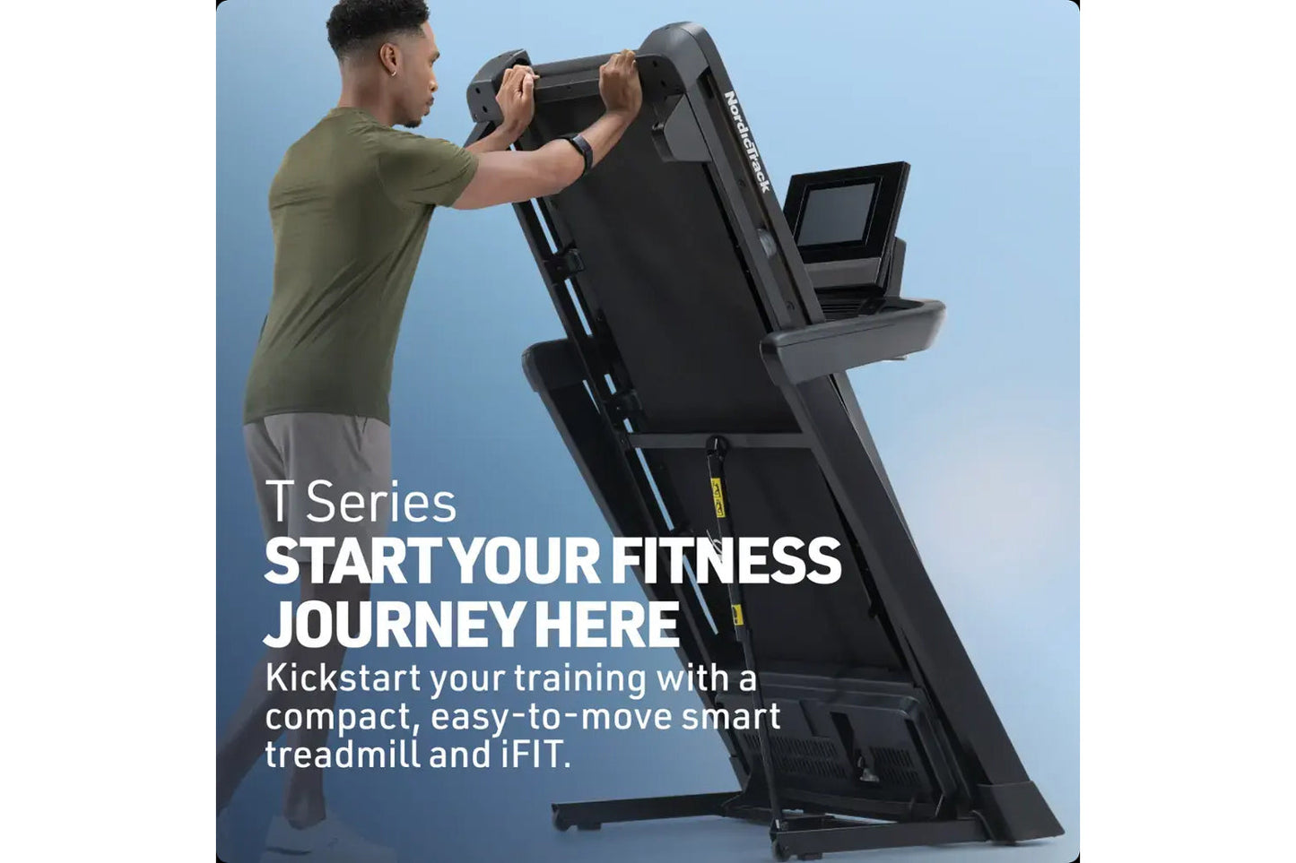 Man in olive green t-shirt using black NordicTrack T Series treadmill with digital display against blue background