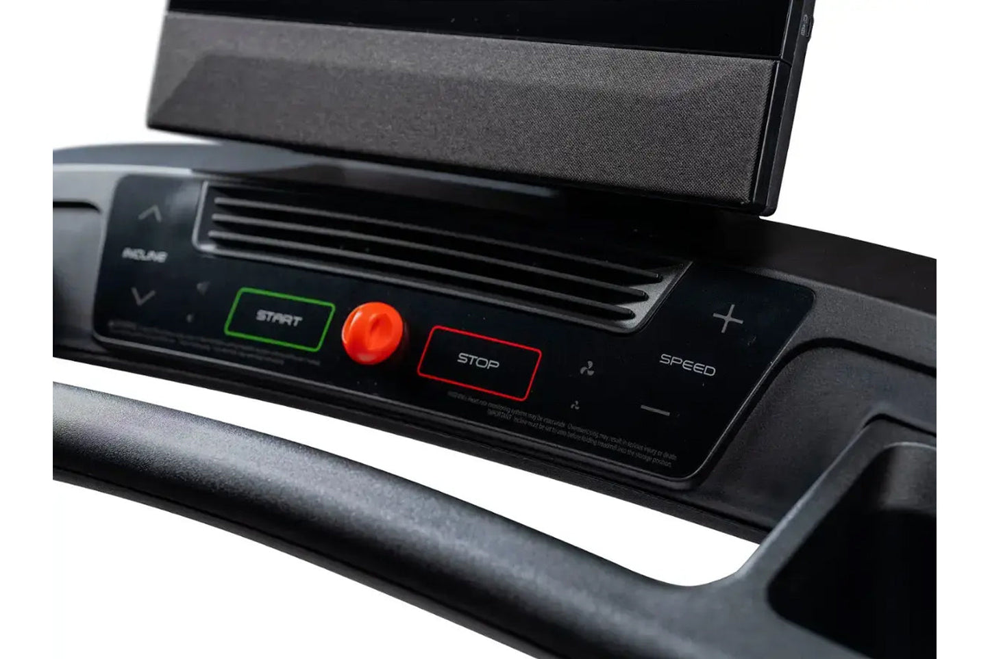 Black treadmill console with green START button, red stop button, and speed controls on white background