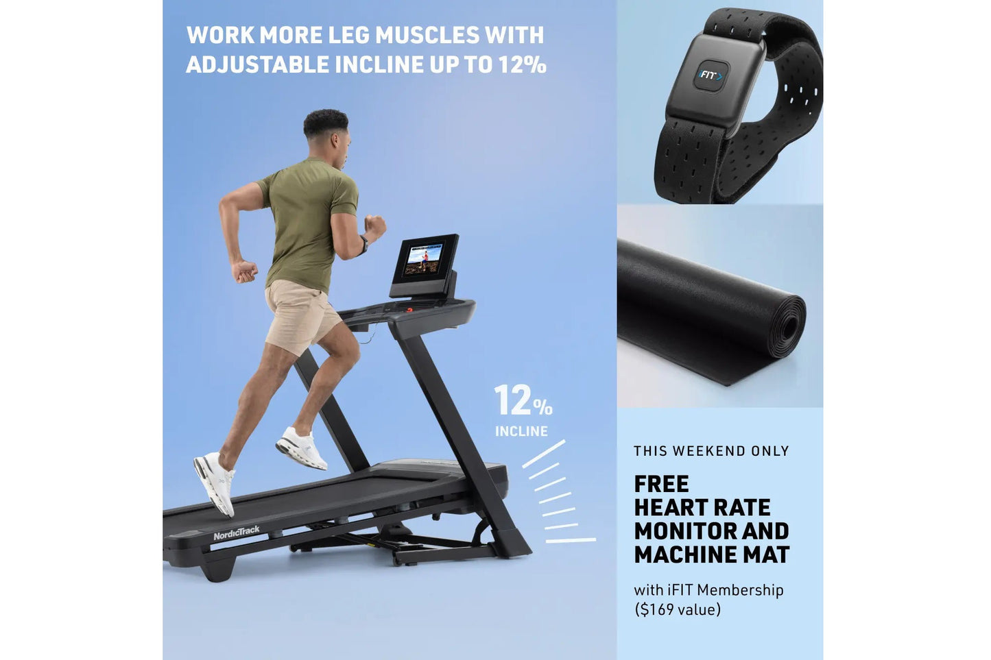 Man running on black NordicTrack treadmill with incline display, wearing olive shirt and beige shorts, with heart rate monito