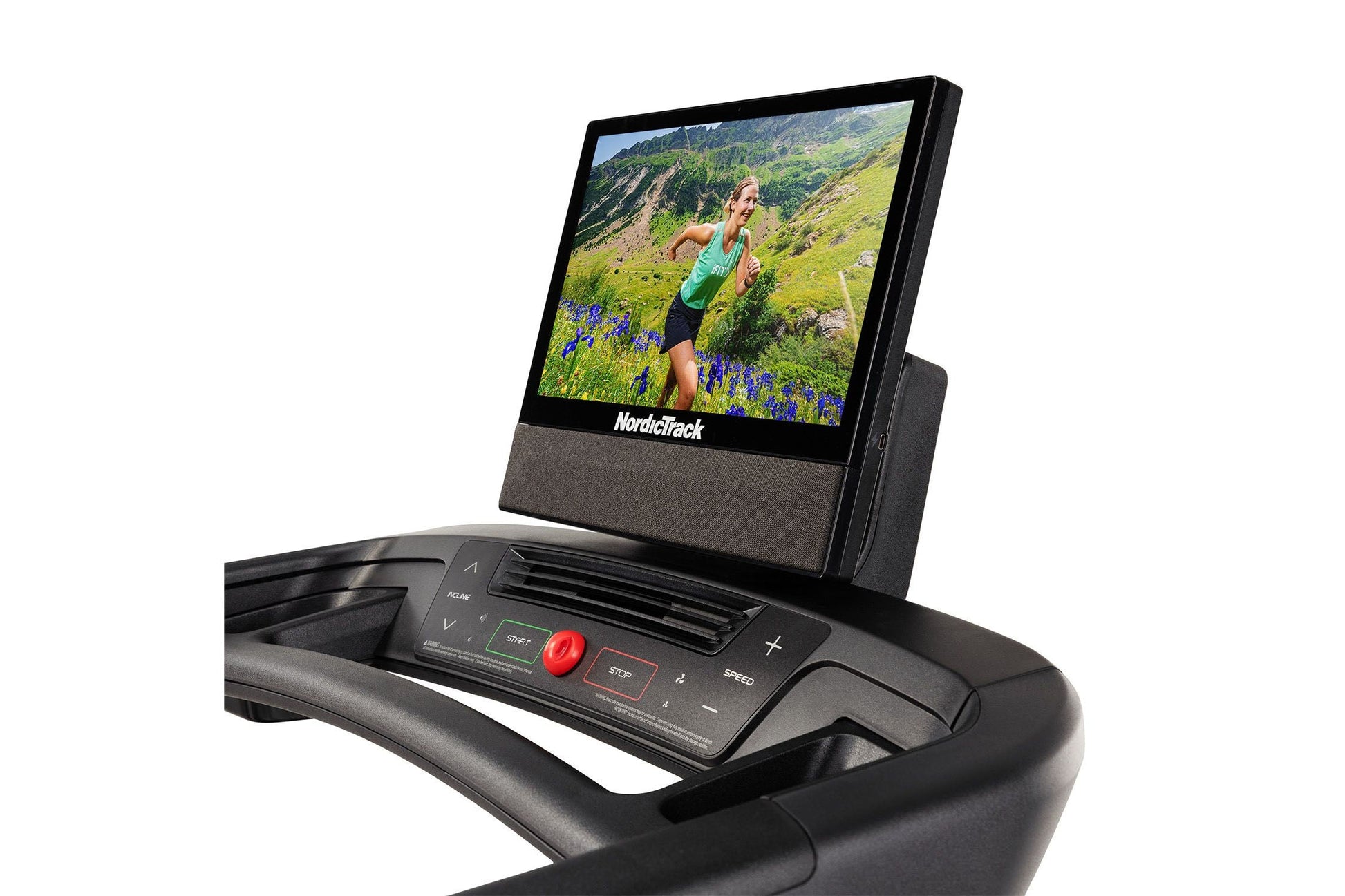 NordicTrack T-Series 16 treadmill with black frame, digital console displaying trail running scene, and red start button on c