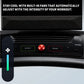 Black treadmill with digital display, control panel featuring green START button, red emergency stop button, and built-in fan