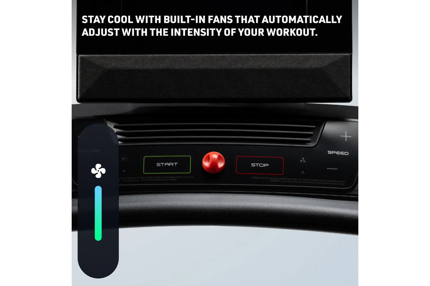 Black treadmill with digital display, control panel featuring green START button, red emergency stop button, and built-in fan