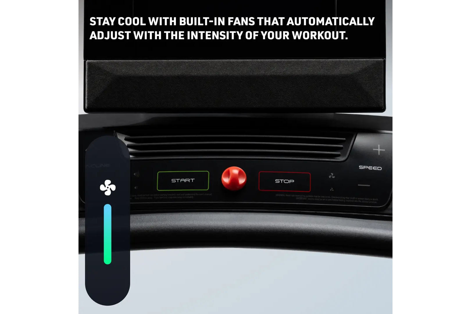 Black treadmill with digital display, control panel featuring green START button, red emergency stop button, and built-in fan