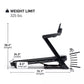 Black folding treadmill with incline feature and dimensions displayed, 325 lbs weight capacity, shown from side angle on whit
