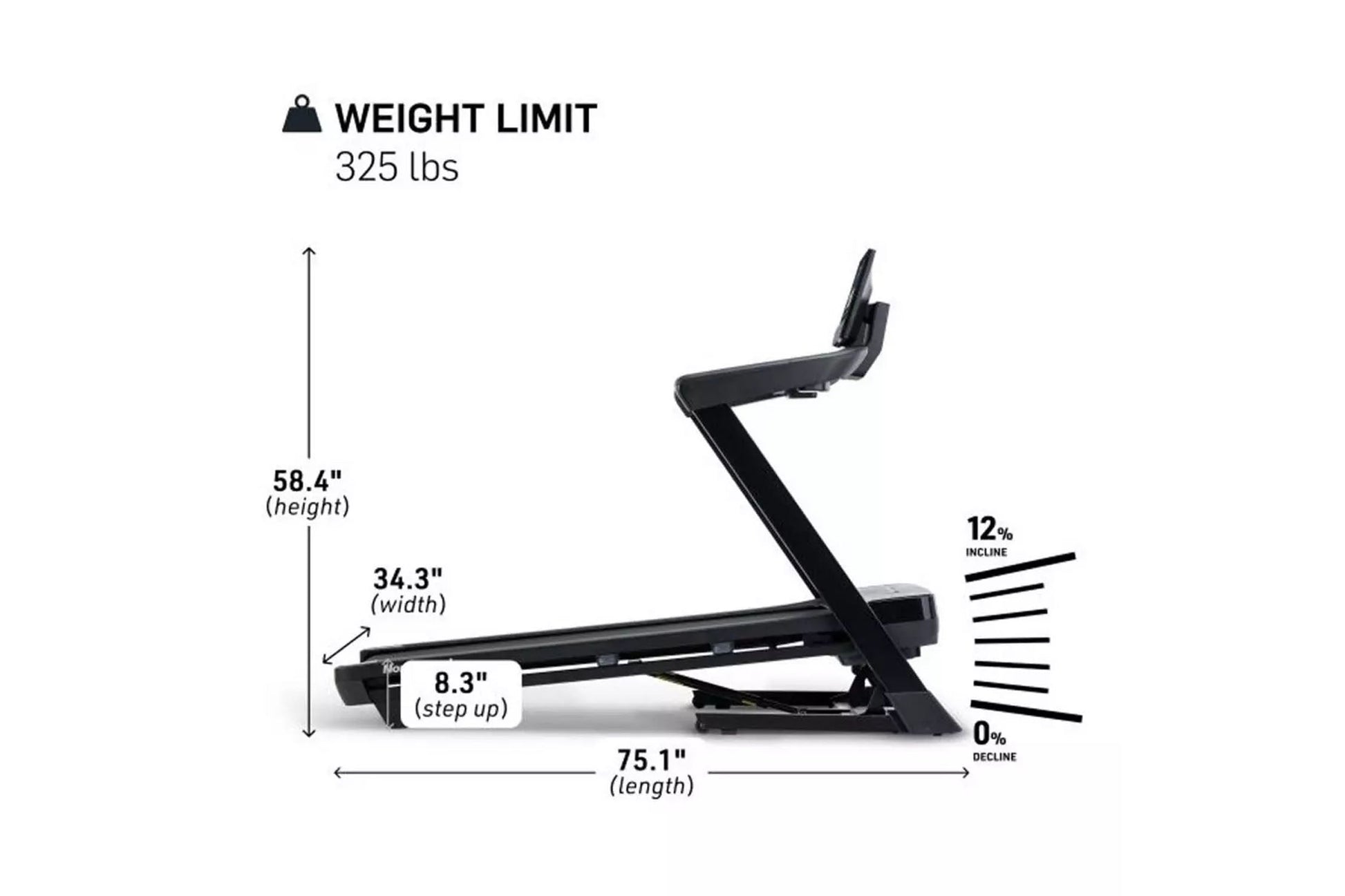 Black folding treadmill with incline feature and dimensions displayed, 325 lbs weight capacity, shown from side angle on whit