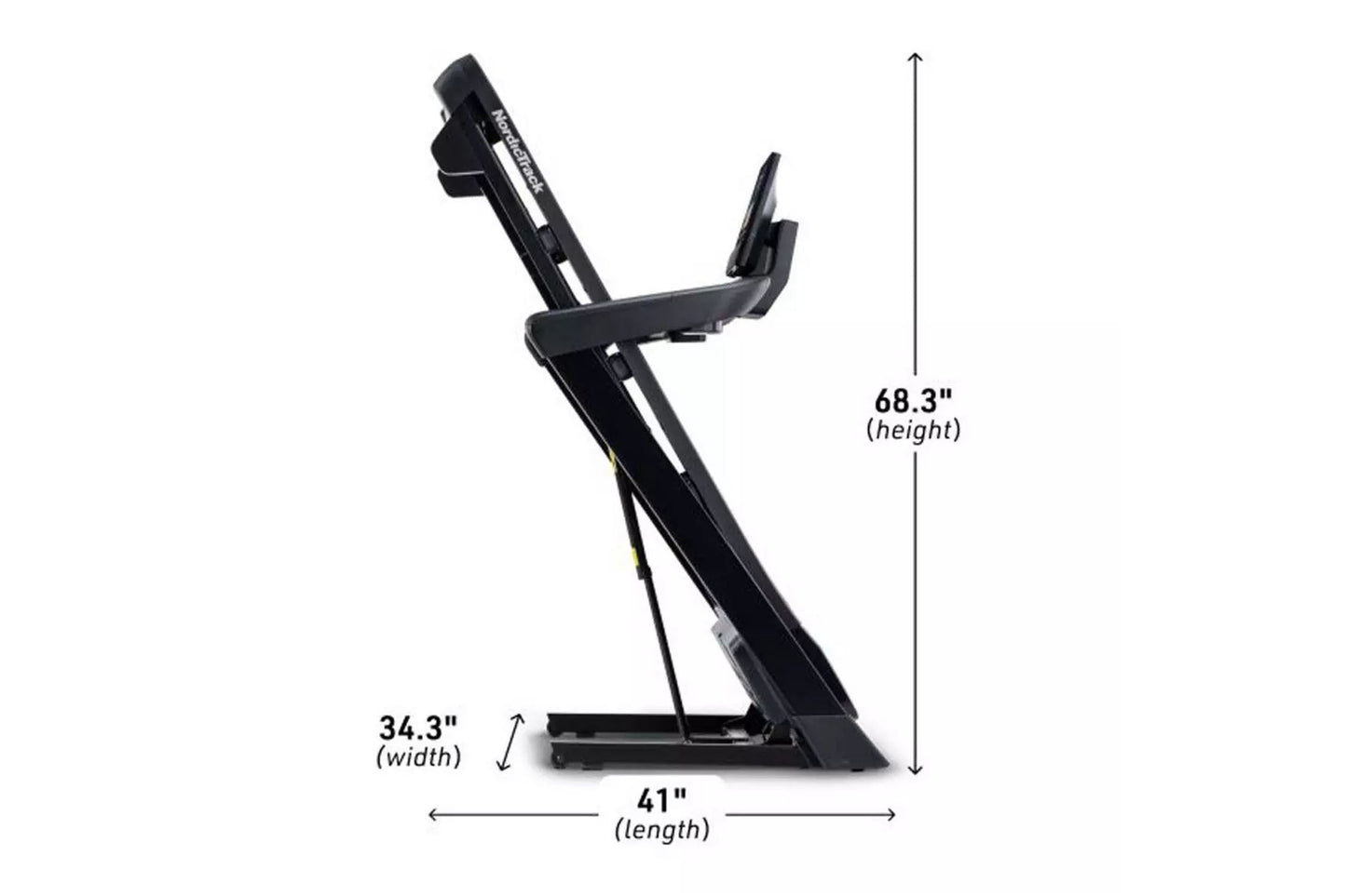 Black NordicTrack T-Series 16 treadmill with incline capability, 68.3 inches tall, shown from side angle on white background