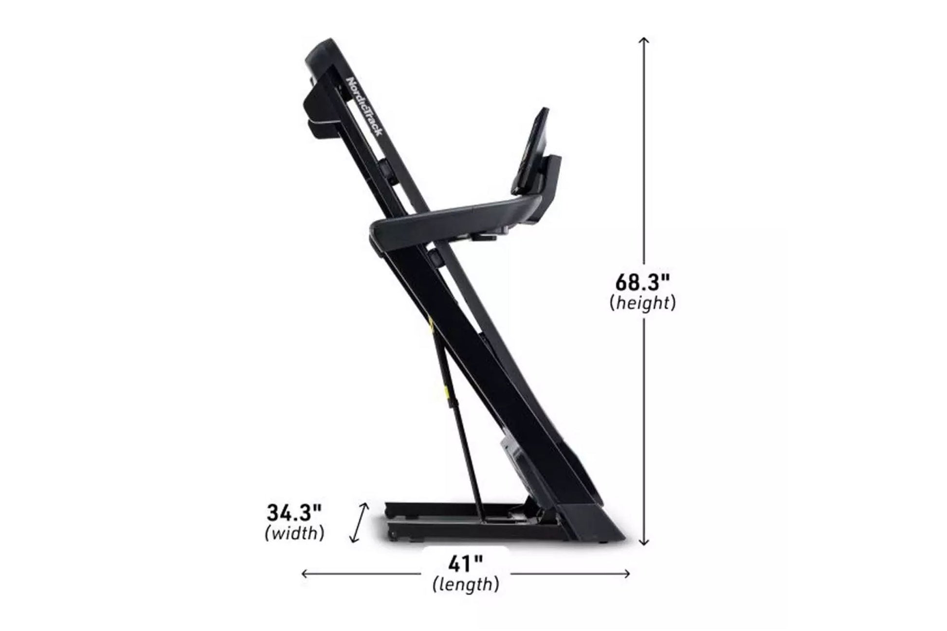 Black NordicTrack T-Series 16 treadmill with incline capability, 68.3 inches tall, shown from side angle on white background