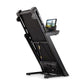 Black folding treadmill with attached tablet holder displaying workout video, angled view on white background