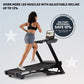 Woman running on black NordicTrack treadmill with tablet display, wearing black sports bra and gray shorts, on light blue bac