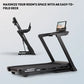 Black NordicTrack folding treadmill with tablet holder and stationary bike in background, displayed on white surface