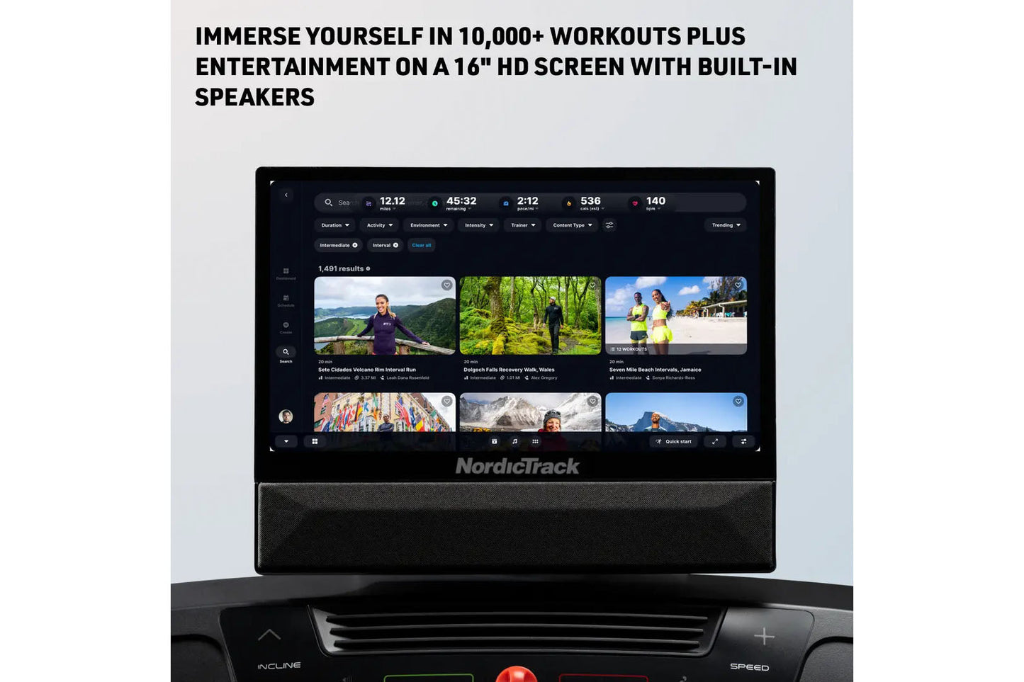 NordicTrack T-Series 16 treadmill with HD touchscreen displaying workout library interface and built-in speakers