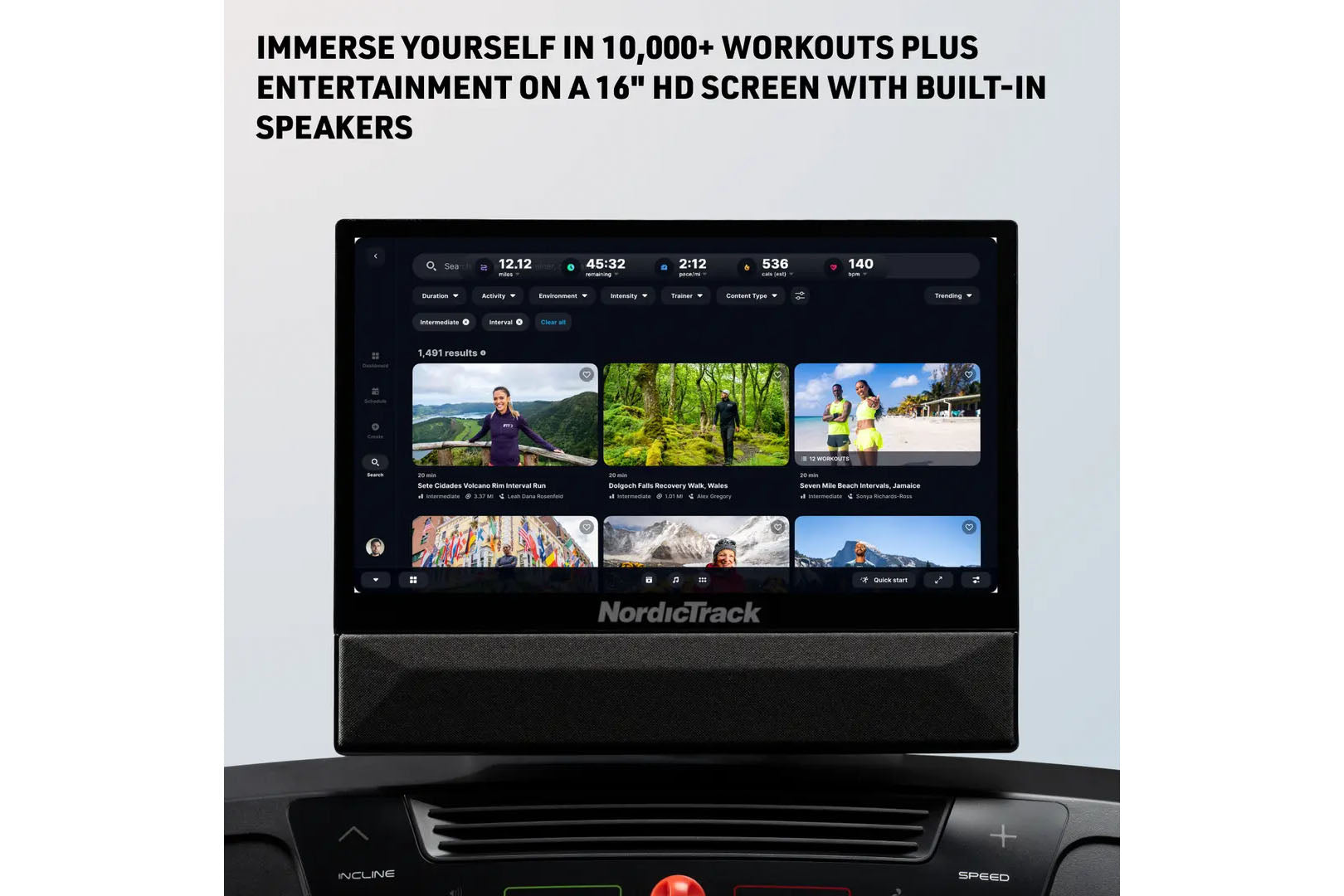 NordicTrack T-Series 16 treadmill with HD touchscreen displaying workout library interface and built-in speakers