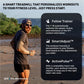 Man jogging on beach wearing black cap and sunglasses, demonstrating treadmill features with Follow Trainer, SmartAdjust, and