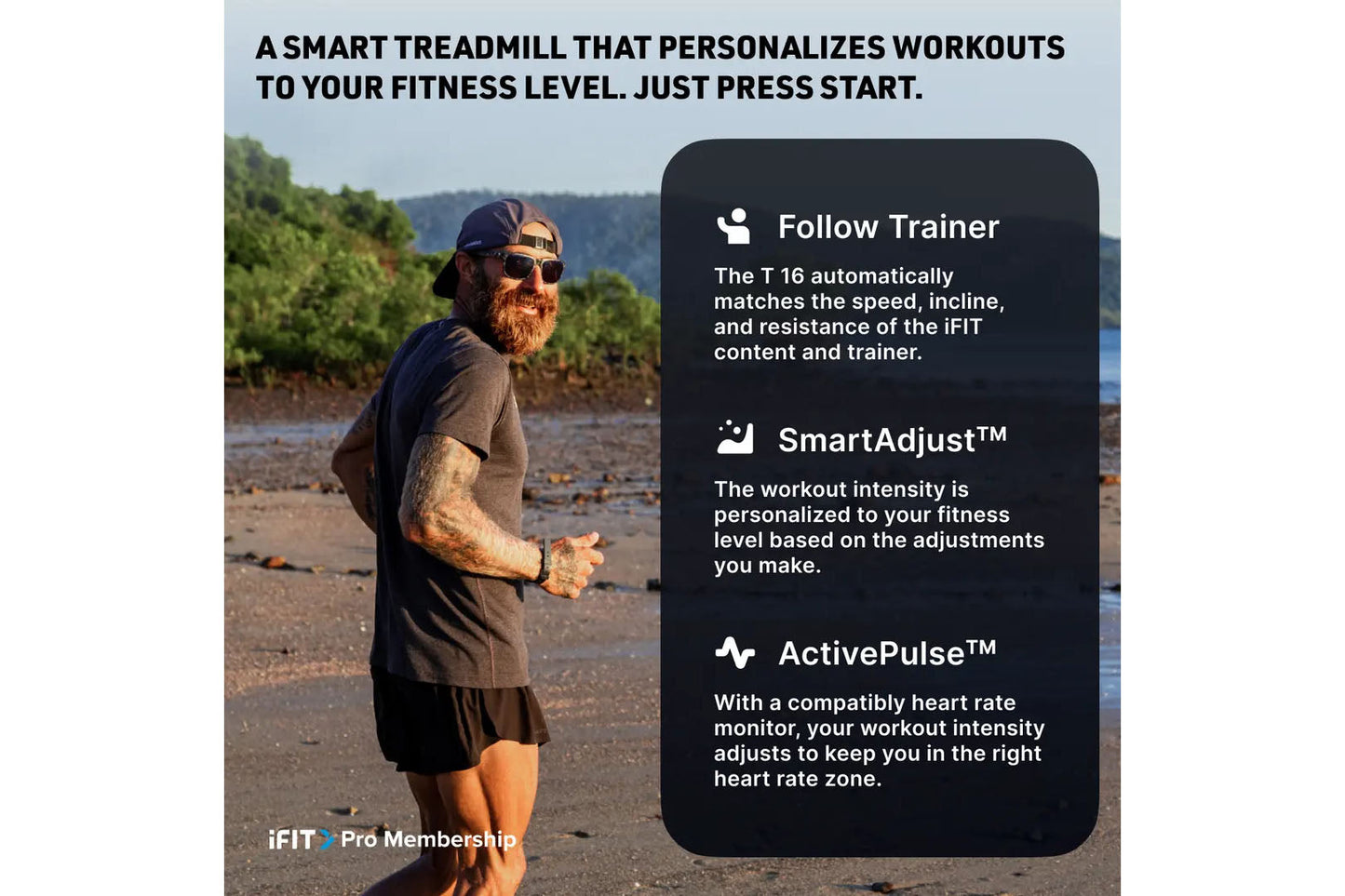 Man jogging on beach wearing black cap and sunglasses, demonstrating treadmill features with Follow Trainer, SmartAdjust, and