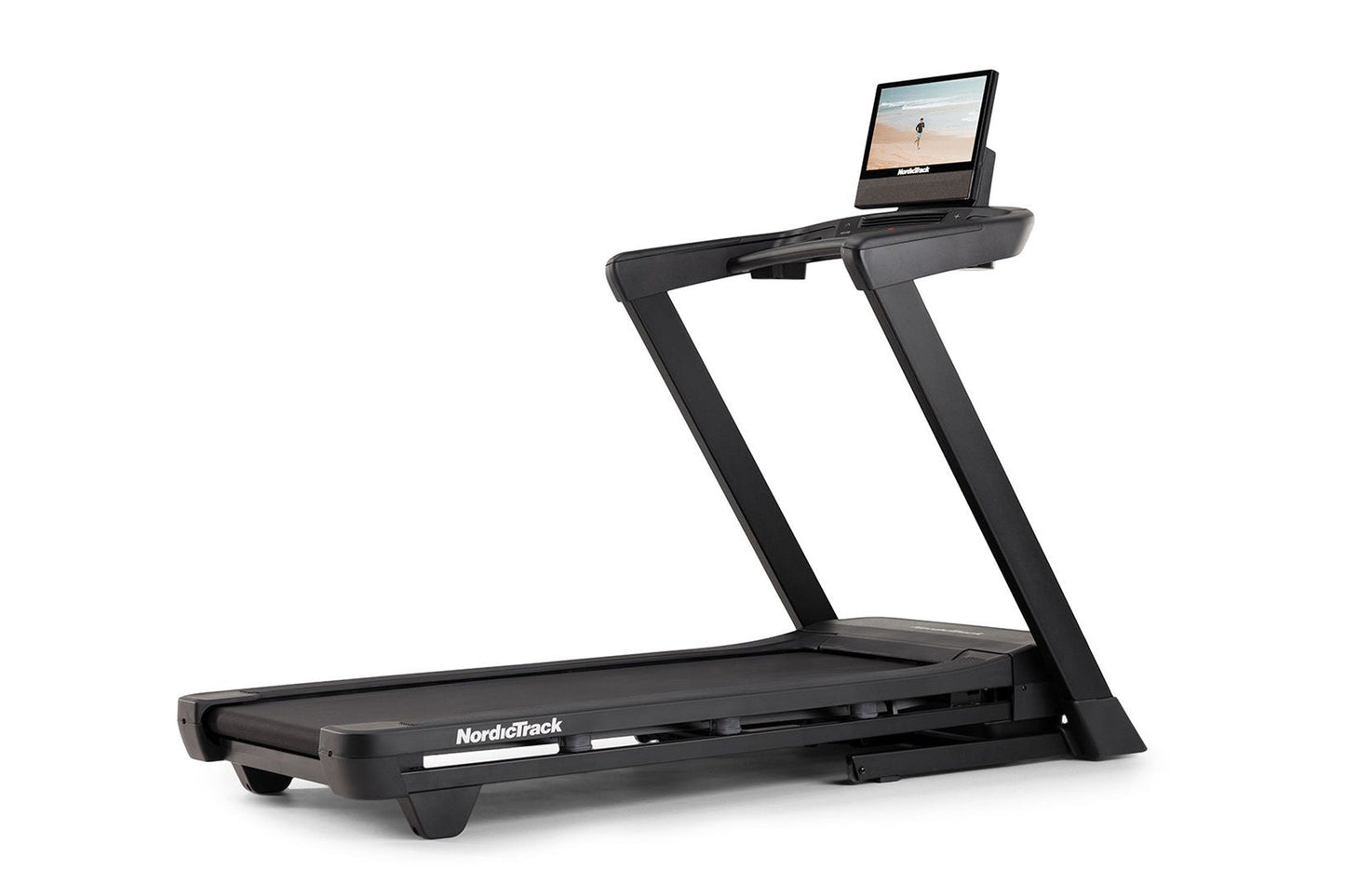 NordicTrack T-Series 16 treadmill with black frame, running deck, and attached digital display console showing beach scene on