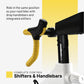 Drop handlebar with yellow grip wrapping and black hood, integrated shifter on black stem with white base, flat lay on yellow
