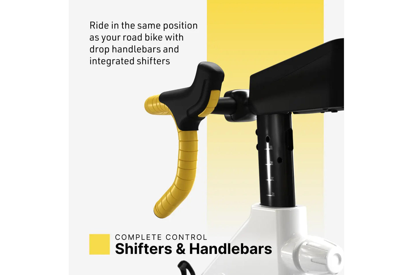 Drop handlebar with yellow grip wrapping and black hood, integrated shifter on black stem with white base, flat lay on yellow