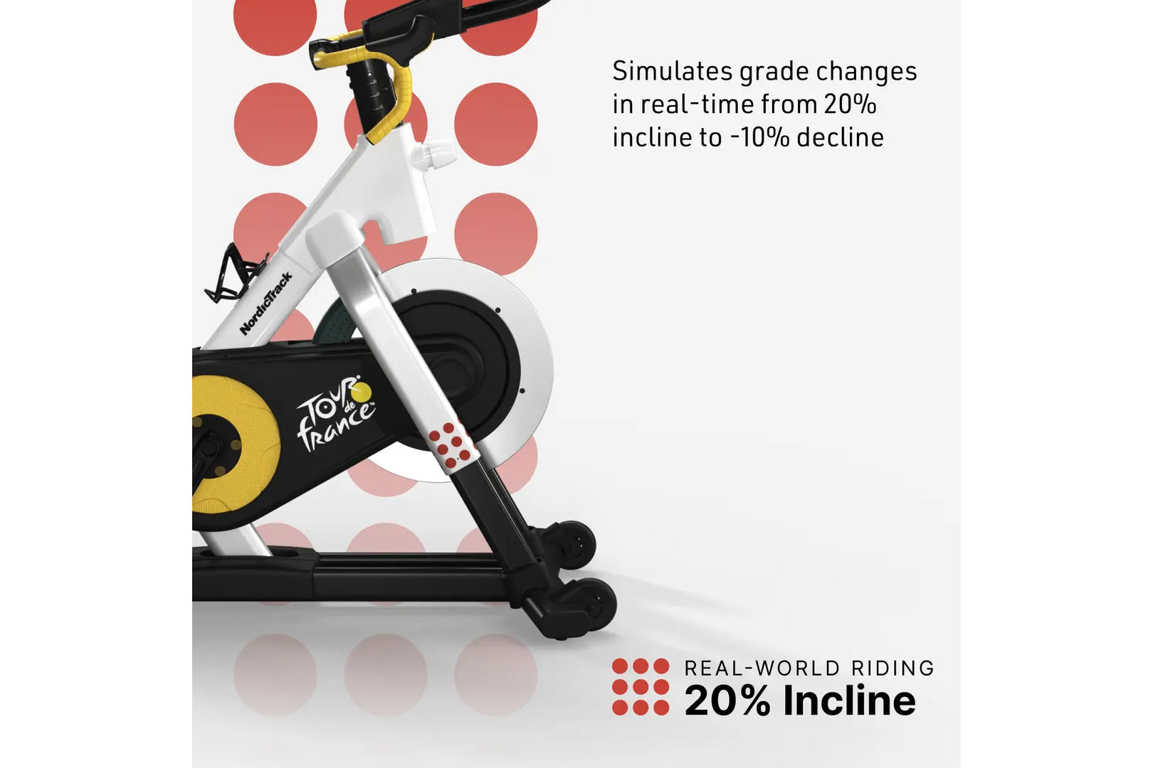 NordicTrack Tour de France stationary bike with white frame, black base, yellow and black resistance wheel, and Tour de Franc