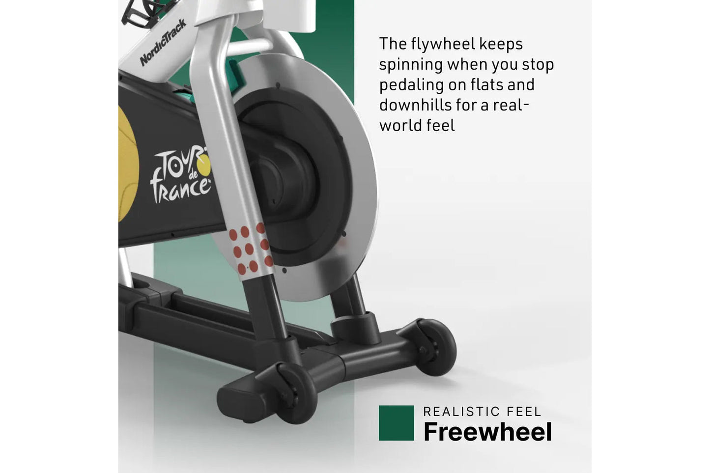 NordicTrack Tour de France indoor exercise bike with white frame, black flywheel, and Tour de France graphics on side panel