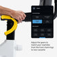 Hand gripping yellow handlebar of black stationary bike with gear adjustment menu displayed on screen