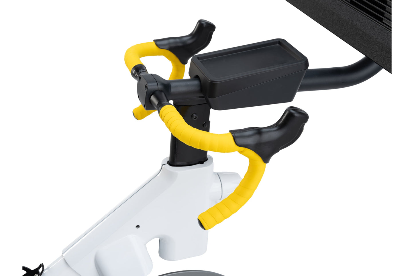 NordicTrack Tour de France indoor bike with white frame, black seat and handlebars, yellow handlebar tape, and black display 