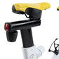 Yellow and black stationary bike seat mounted on white base with black frame, red tail light, and water bottle holder, shown 