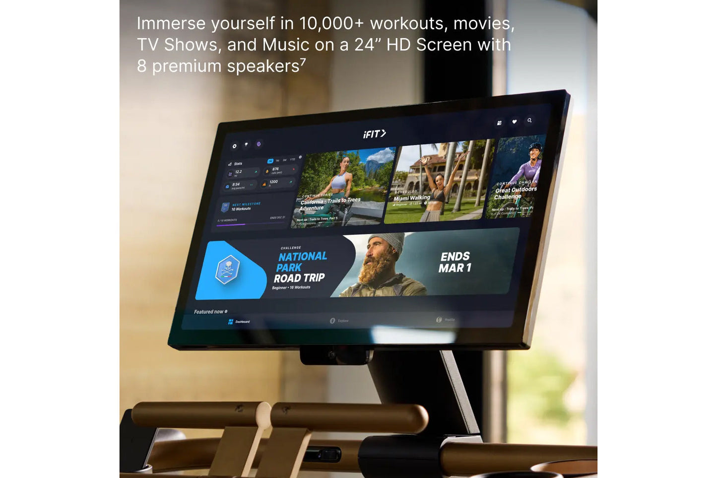 NordicTrack Ultra 1 Treadmill with 24" HD touchscreen displaying iFIT workout content, mounted on black stand with brown hand
