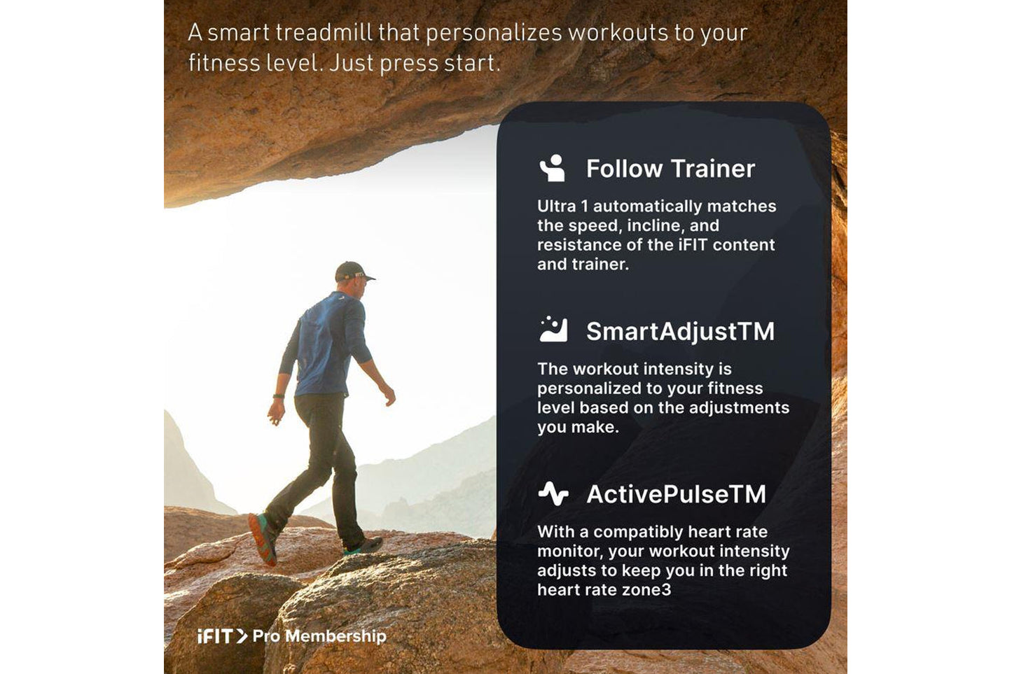 Man jogging outdoors on rocky terrain wearing blue jacket and olive pants, with treadmill features displayed on dark screen o