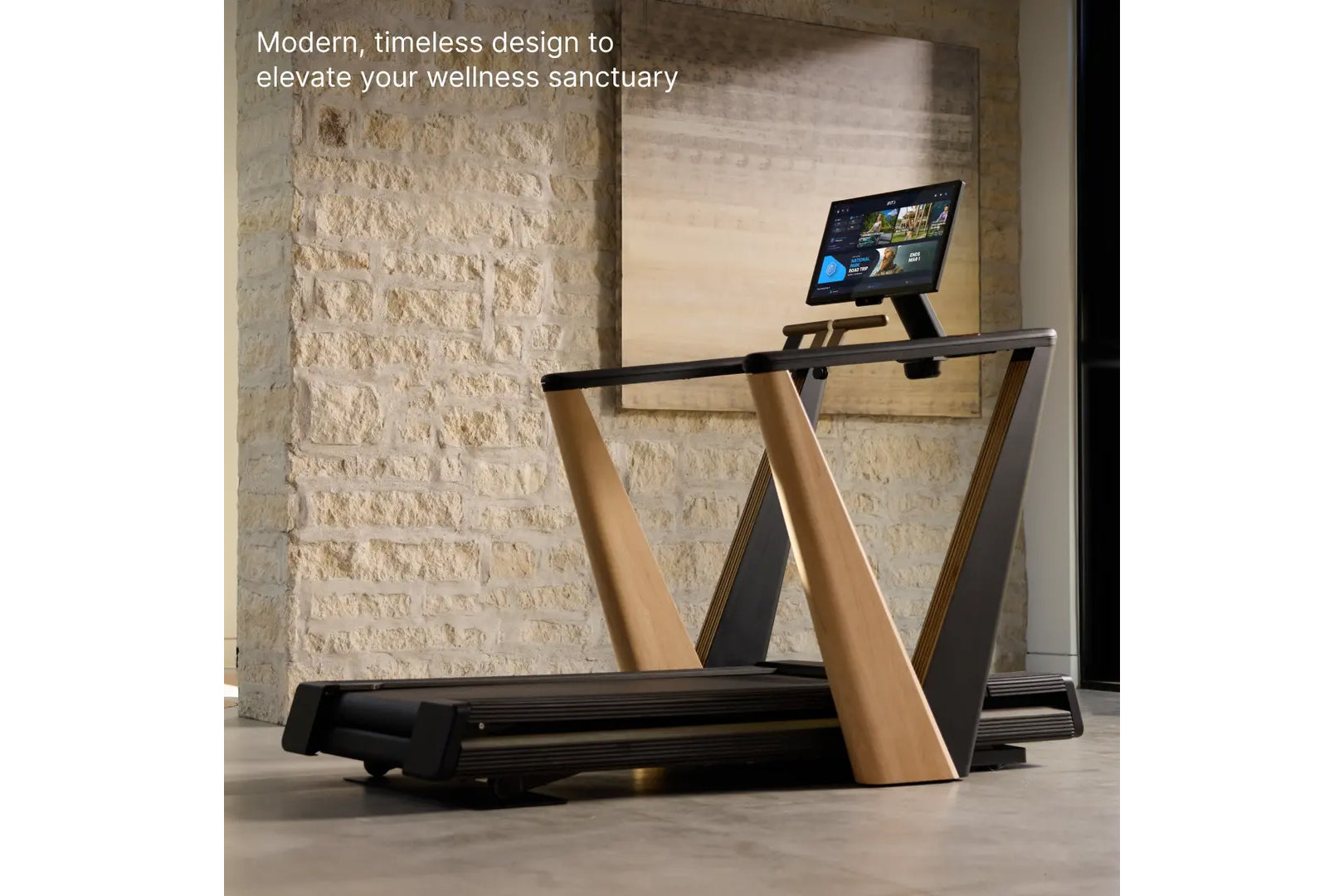 Modern treadmill with black running belt, natural wood and black frame, tablet holder displaying fitness content, in contempo