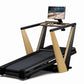 NordicTrack Ultra 1 treadmill with black running deck, natural wood frame, and mounted digital screen displaying fitness vide