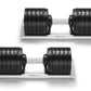 Pair of NuoBell adjustable dumbbells with black rubber-coated plates and silver handle, shown stacked on white background