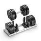 Pair of black adjustable dumbbells with silver handle and base, displayed on white background