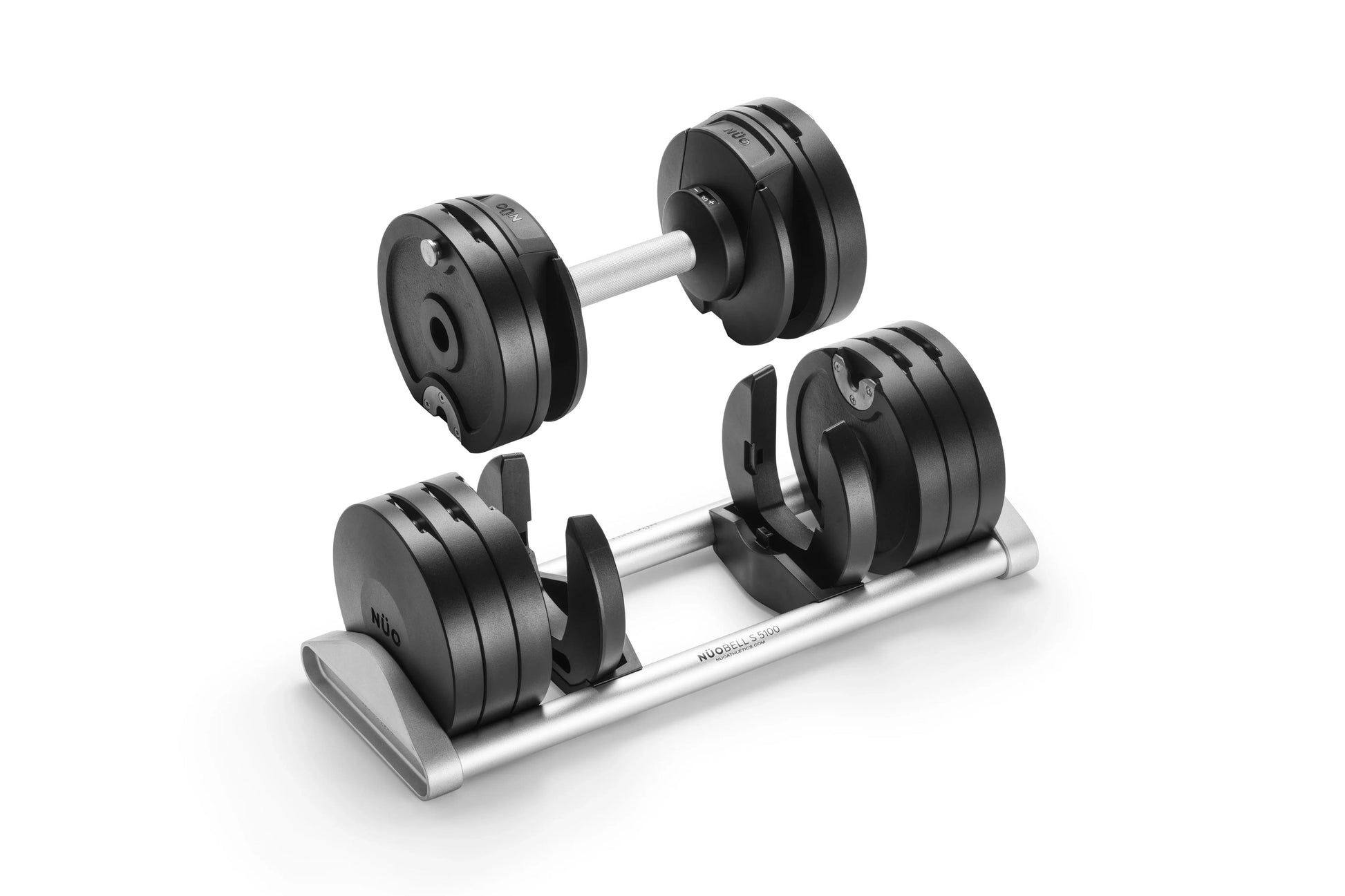 Pair of black adjustable dumbbells with silver handle and base, displayed on white background