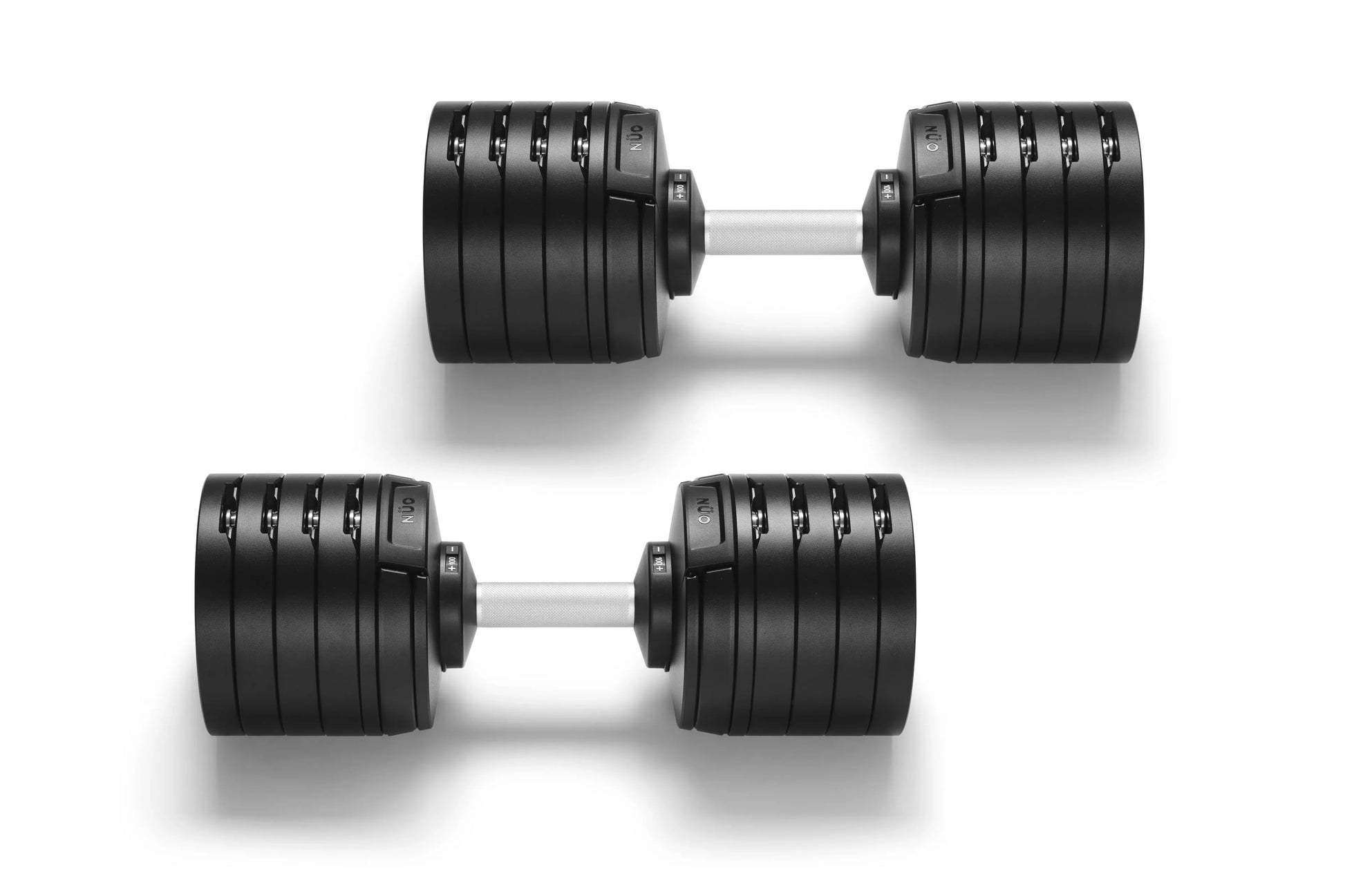 Pair of black adjustable dumbbells with segmented weight plates and gray handles, shown in two angles on white background