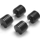 Pair of black adjustable dumbbells with silver handles and weight plate markings on white background