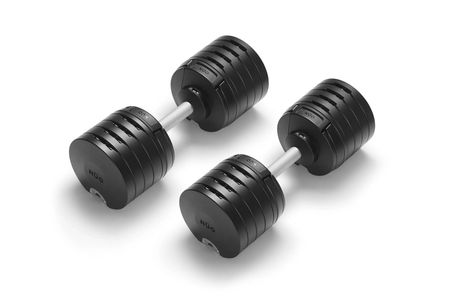 Pair of black adjustable dumbbells with silver handles and weight plate markings on white background