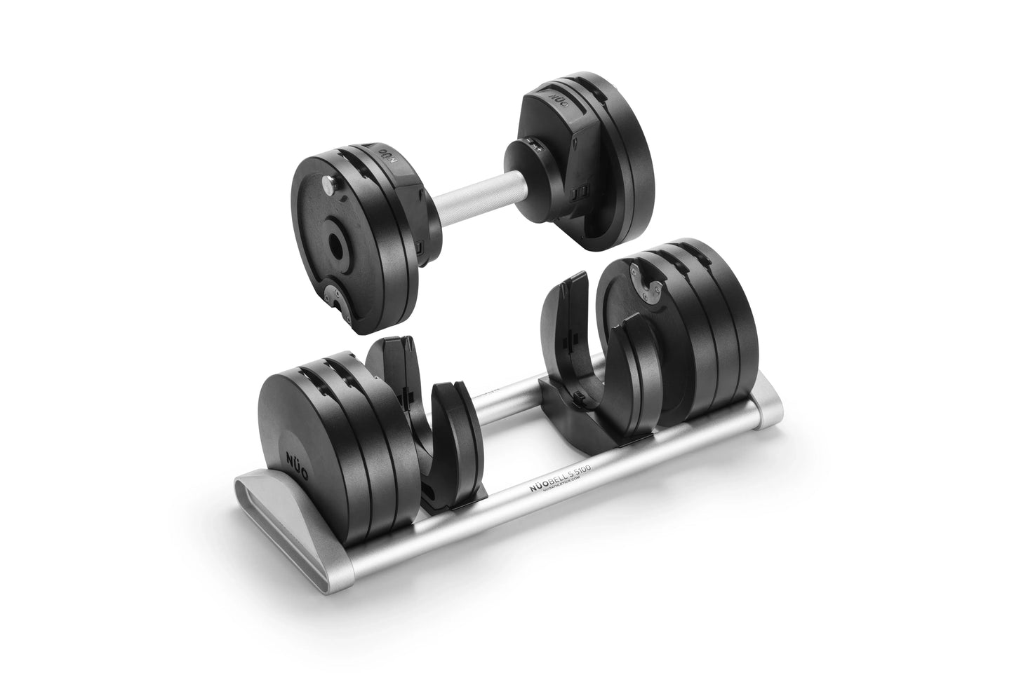 Pair of black adjustable dumbbells with silver handles and weight plates on matching silver tray, displayed on white backgrou