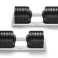 Pair of black rubber adjustable dumbbells with silver base on white background, labeled NuoBells 5100