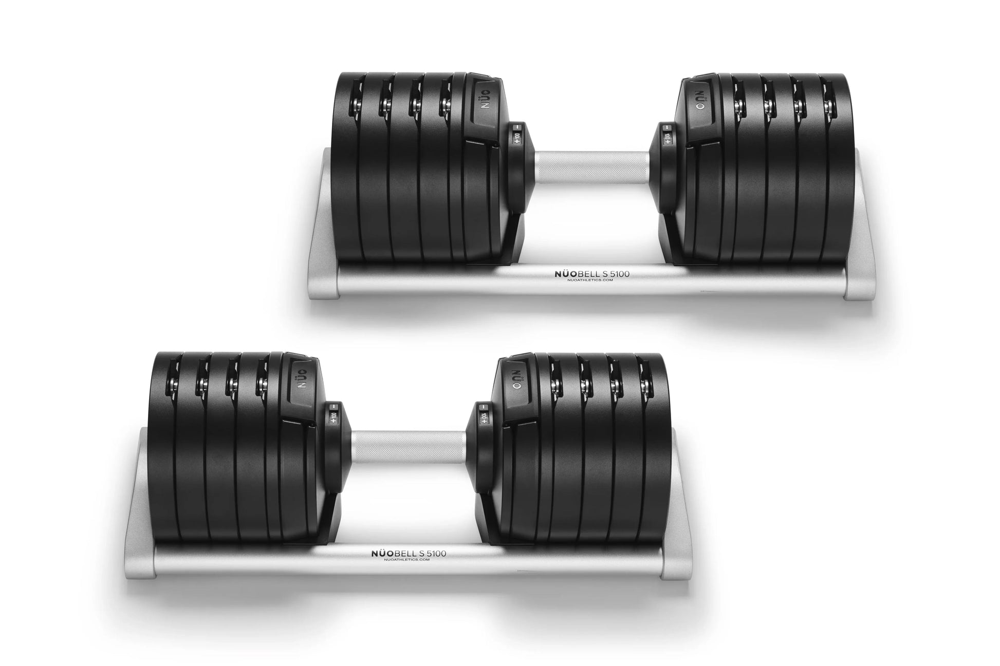 Pair of black rubber adjustable dumbbells with silver base on white background, labeled NuoBells 5100