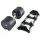 Pair of black adjustable dumbbells with metal handles and weight plates, shown with matching dumbbell stand on white backgrou
