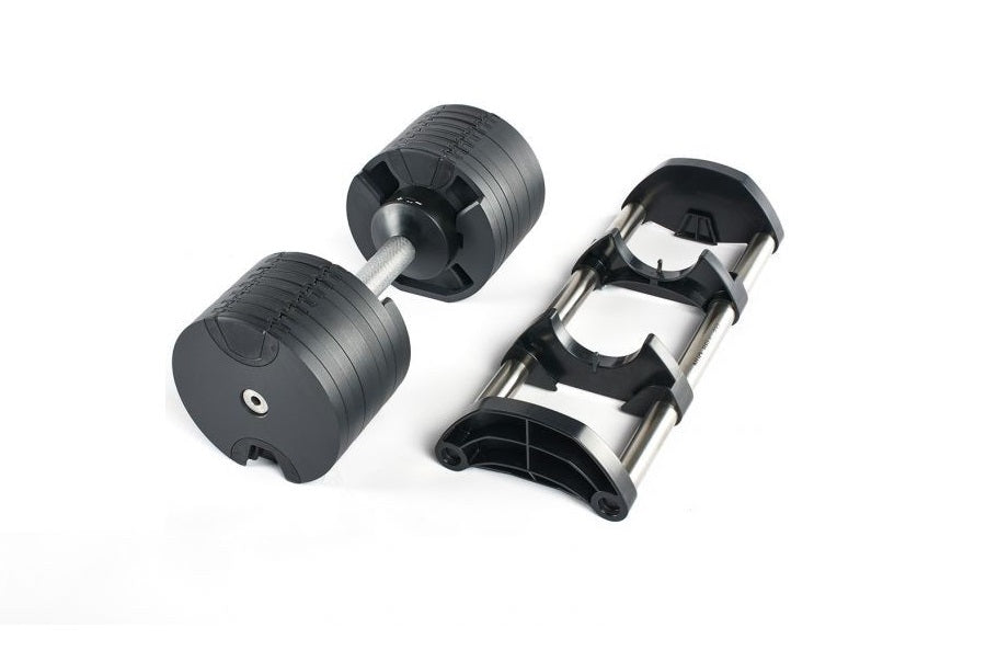 Pair of black adjustable dumbbells with metal handles and weight plates, shown with matching dumbbell stand on white backgrou