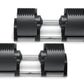 Pair of black and silver adjustable dumbbells with numbered weight plates and metal handles, displayed on white background