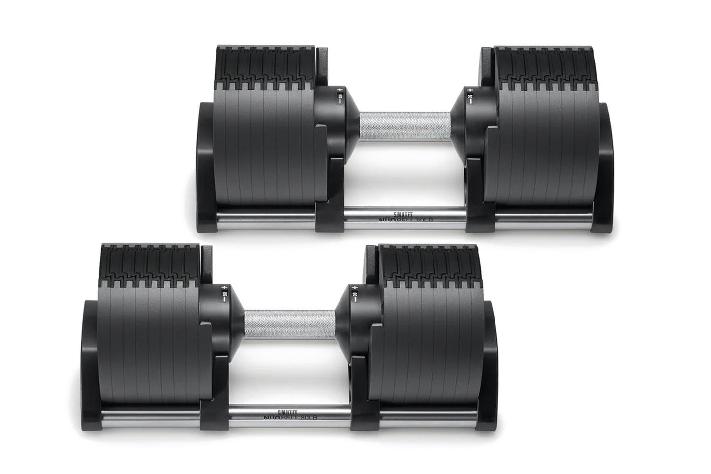 Pair of black and silver adjustable dumbbells with numbered weight plates and metal handles, displayed on white background
